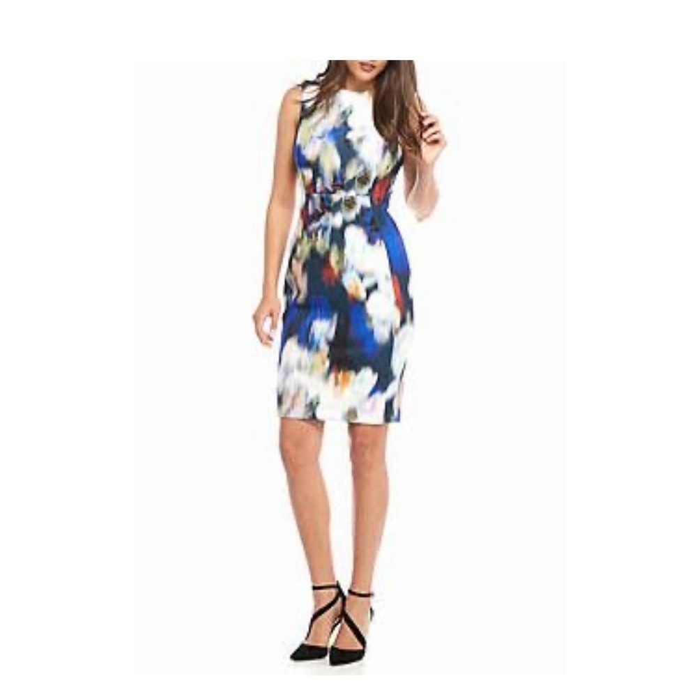 Calvin Klein Abstract Floral Blue White Sheath Sleeveless Midi Dress Size 14